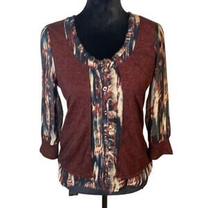 BKE Boutique 3/4 Sleeve Boho Button Up Frayed Edge Tie Front Blouse Top Size S